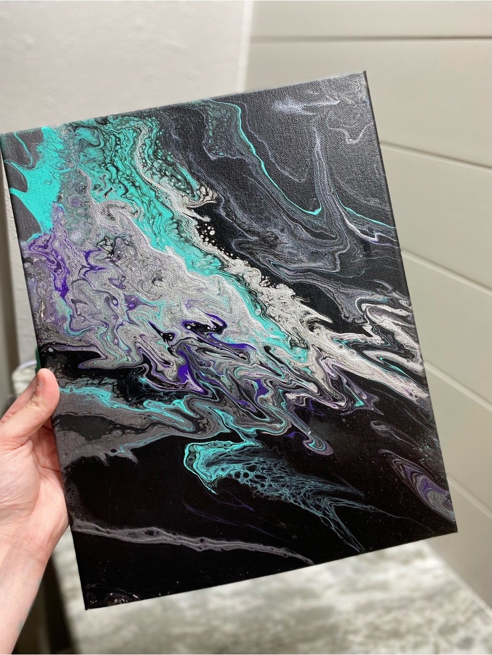 Abstract Black, Silver, and Teal Canvas Art